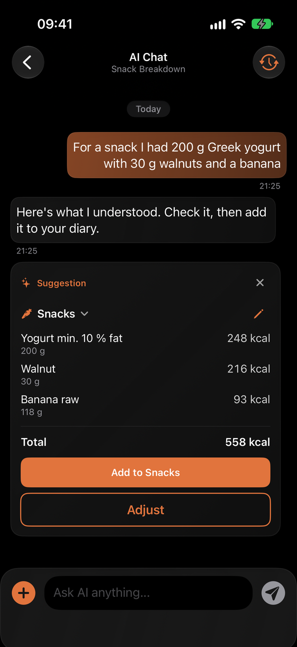 AI meal review with editable food portions before adding to the diary