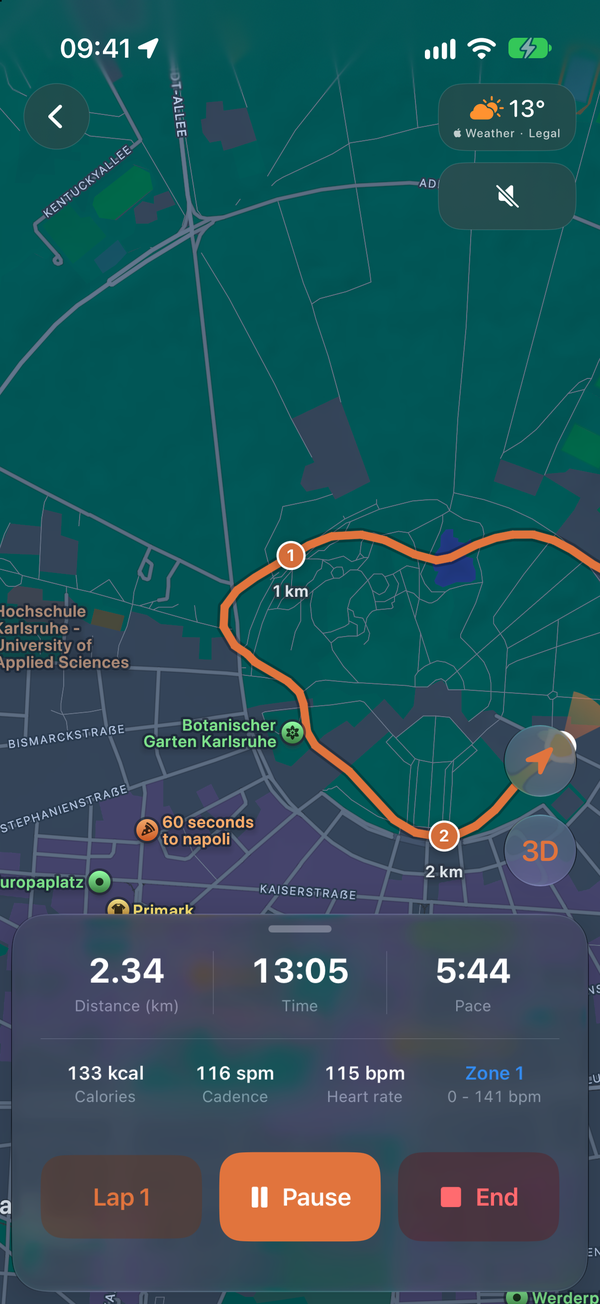 Active run showing the route and live running metrics
