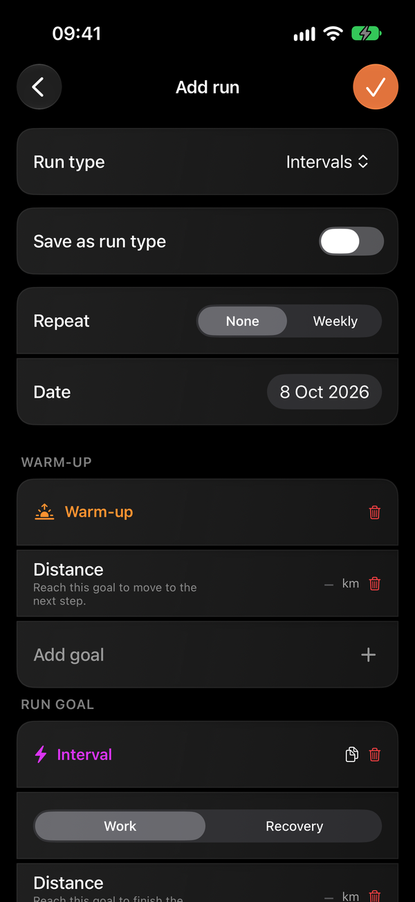 Structured interval run editor with warm-up and repeating phases