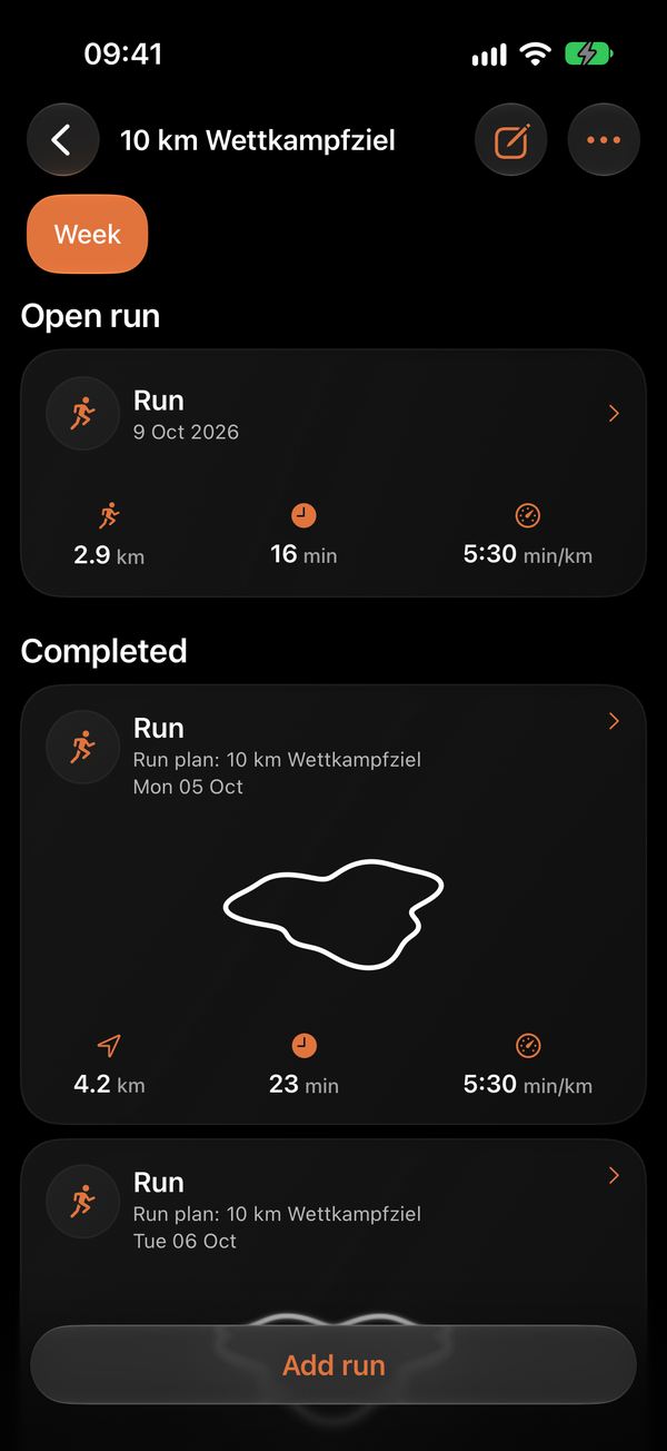 Running plan with scheduled and completed sessions