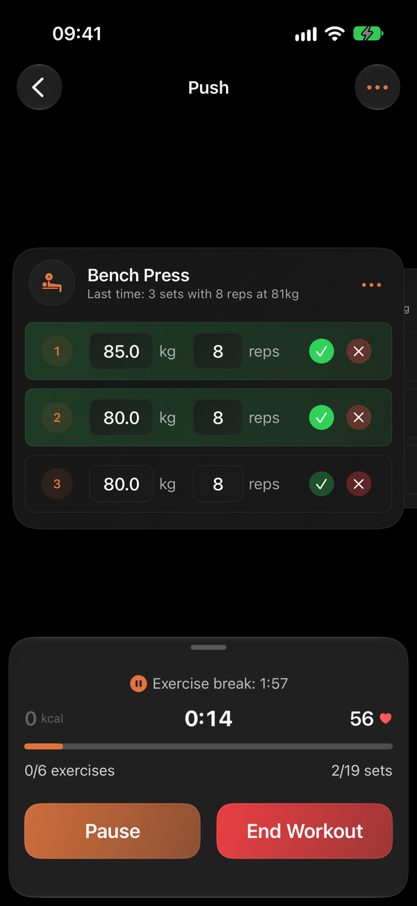 Active strength workout with set logging and rest timer