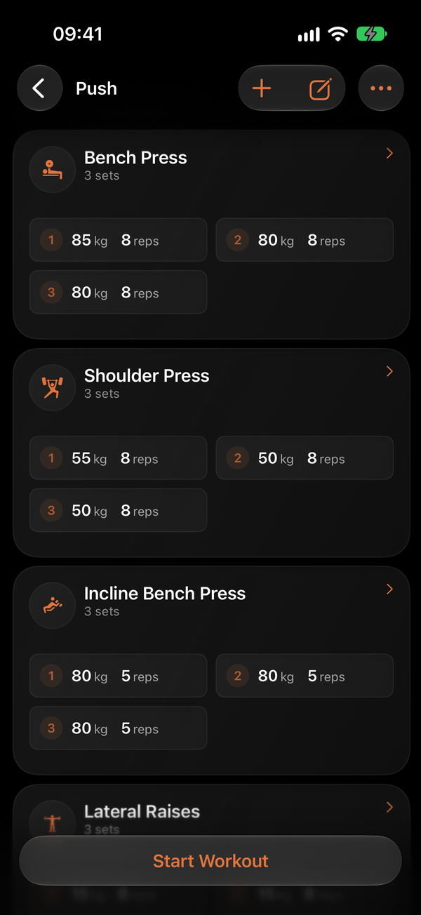 Workout plan with exercises and prescribed sets
