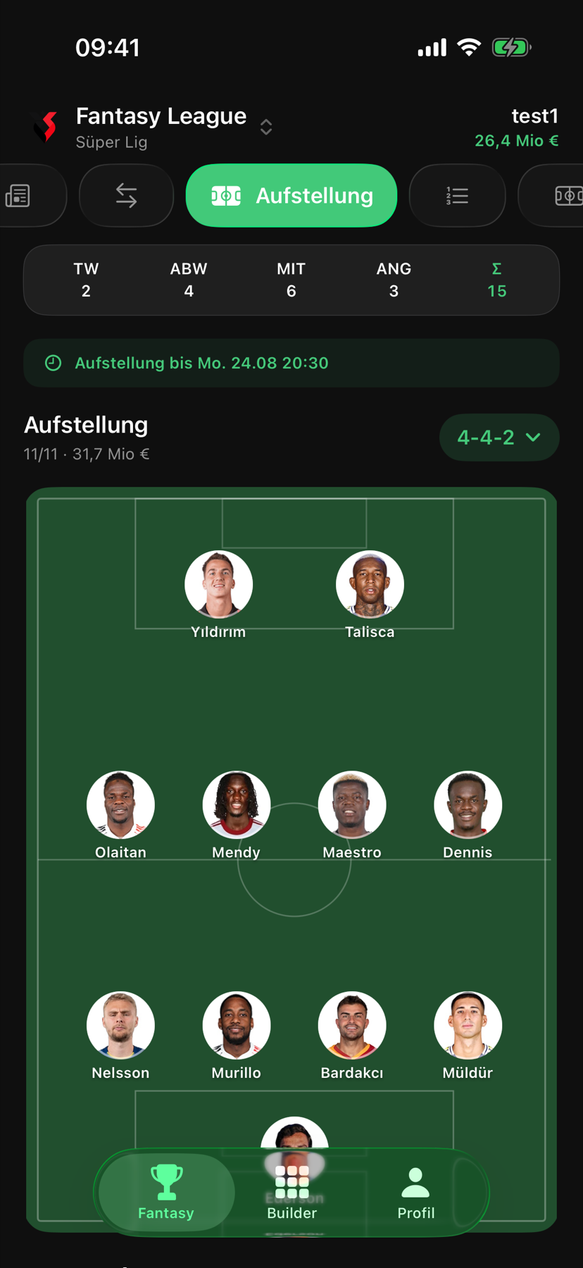 Startelf und Formation auf dem Spielfeld