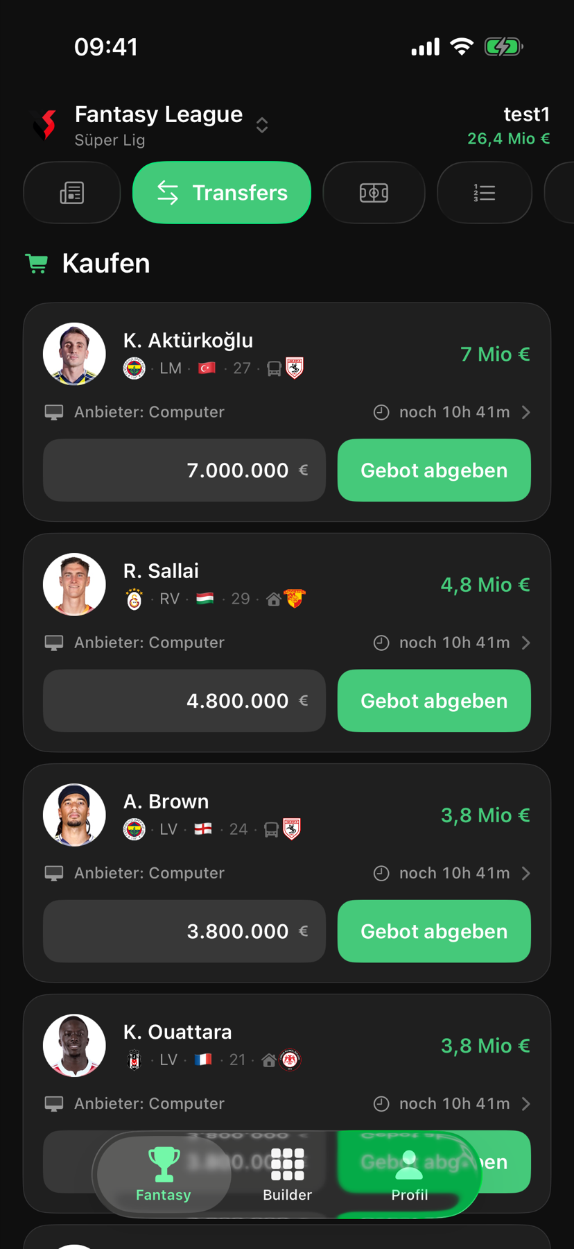 Transfermarkt mit Spielern und Geboten
