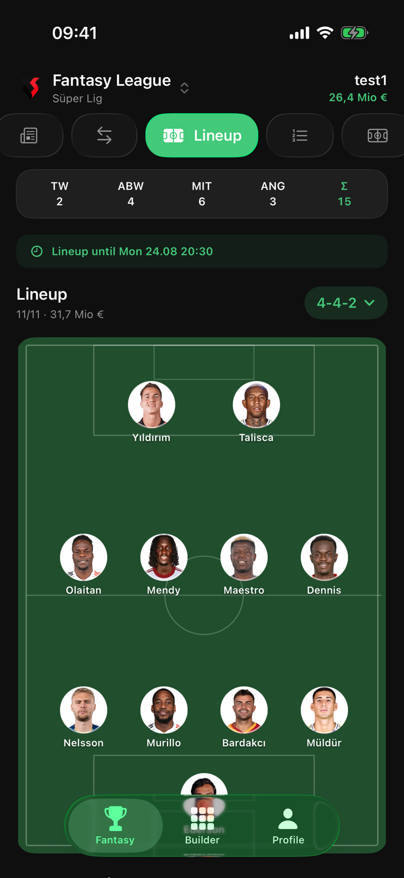 Starting XI and formation on the pitch