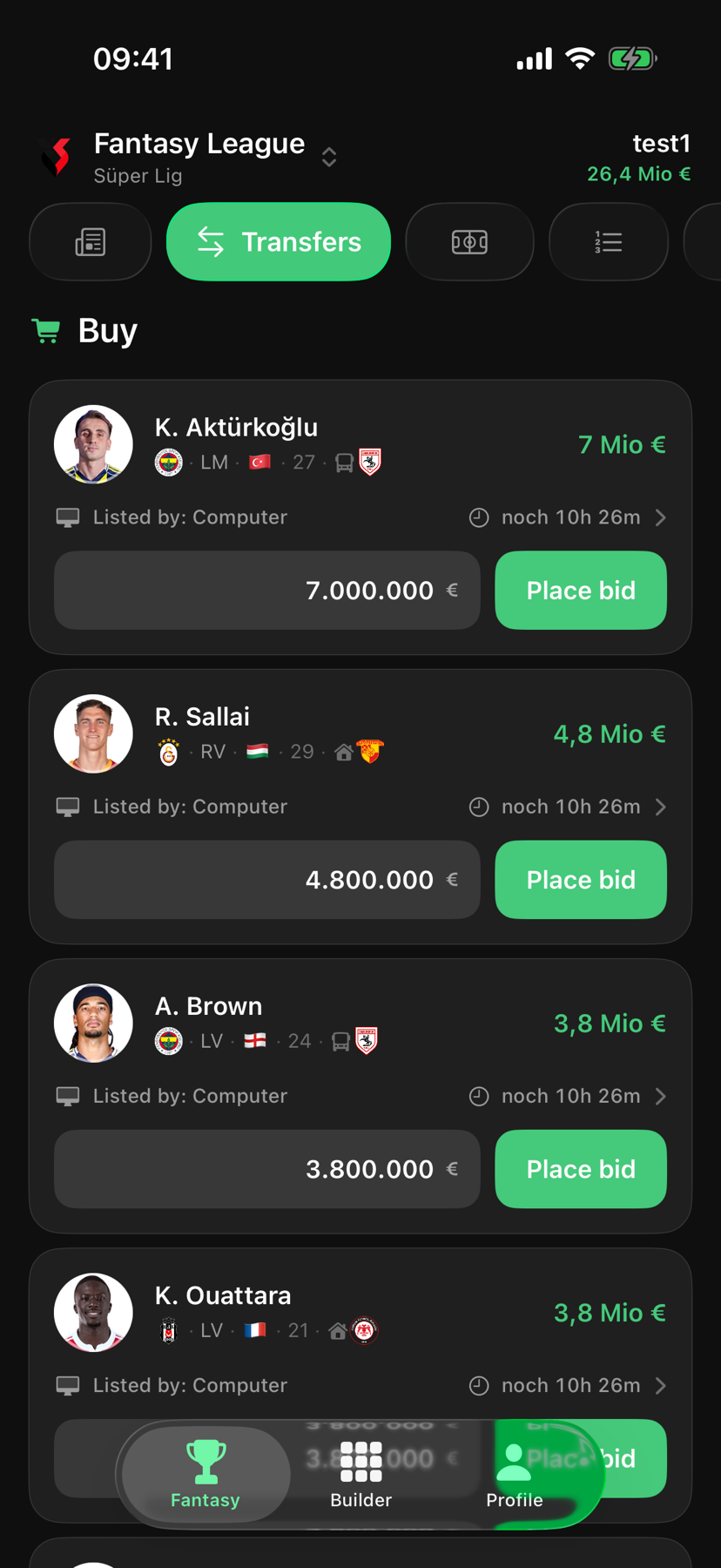 Transfer market with players and bids